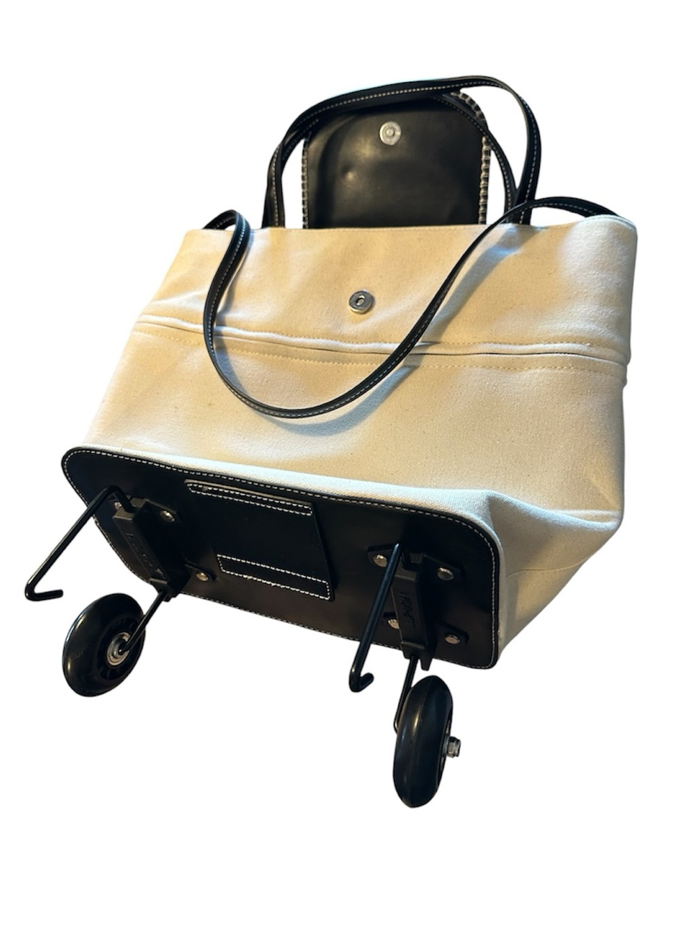 Cream Canvas Tote with Black Trim and Rolling Wheels